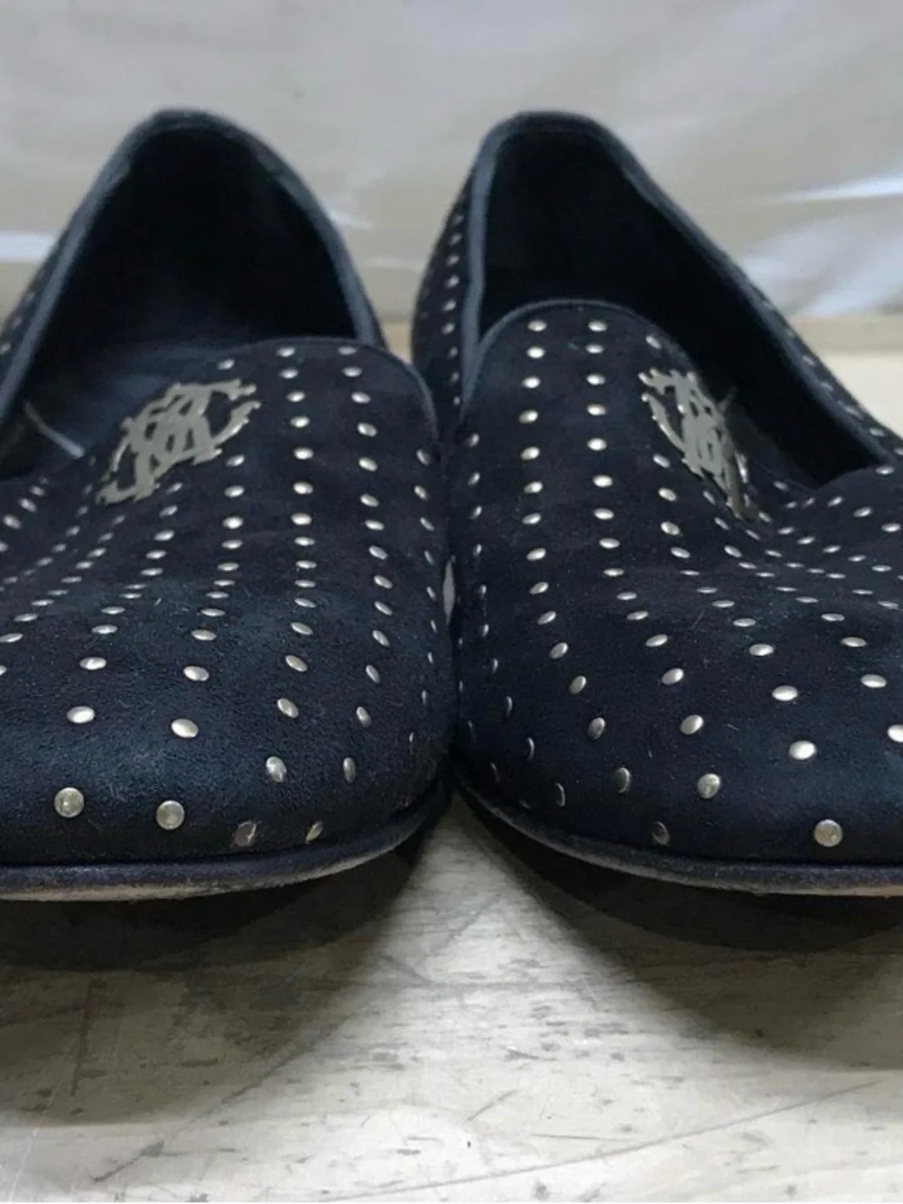 Roberto Cavalli Black Velvet Studded Slip-On Loafers with Gold Emblem Size 10 US